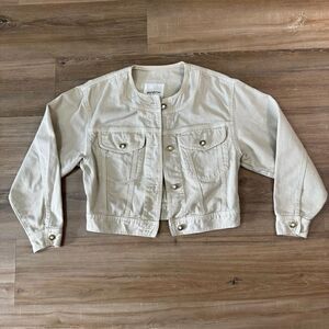 Georges Marciano Women's S Collarless Denim Jean Jacket Ivory Cream Boxy Trucker